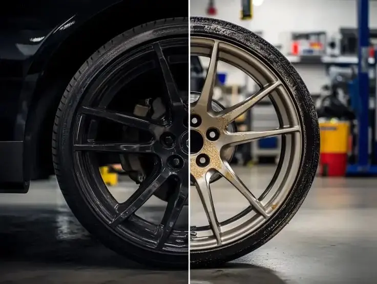 Before and after alloy wheel repair showing damage and restored finish