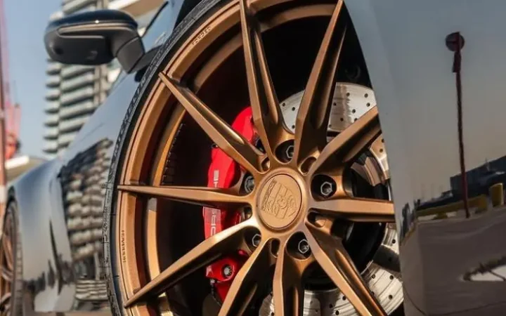 Close-up of restored alloy wheel finish after repair